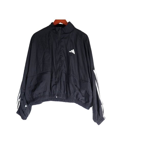 Adidas Women Medium Black Windbreaker Full Zip 3 Stripe Nylon Back Pocket Jacket - Picture 2 of 12